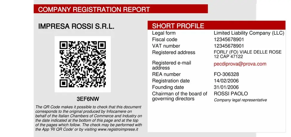 Certificato di registrazione in lingua inglese